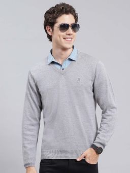 Monte Carlo - Mens Solid Grey V Neck Full Sleeve Pullover Sweater