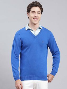 Monte Carlo - Mens Solid Blue V Neck Full Sleeve Pullover Sweater