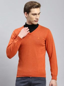 Monte Carlo - Mens Solid Rust V Neck Full Sleeve Pullover Sweater