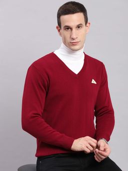 Monte Carlo - Mens Solid Maroon V Neck Full Sleeve Pullover Sweater