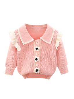 Little Surprise Box - Kids Baby Pink Knitted Cardigan V Neck Sweater With Flower Buttons