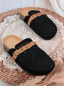 Jove - Women Black Woven Design Mules