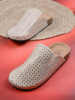 Jove - Women Beige Embellished Mules