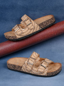 Jove - Women Golden Embellished Open Toe Flats