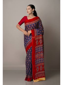 Unnati Silks - Blue Pure Krisha Block Printed Cotton Saree with Unstitched Blouse