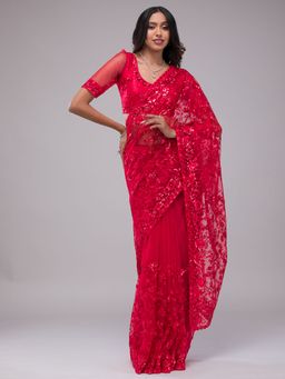 Koskii - Red Sequins Net Saree with Unstitched Blouse