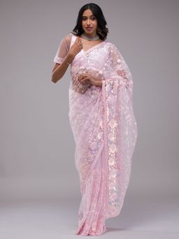 Koskii - Baby Pink Sequins Tissue Saree with Unstitched Blouse