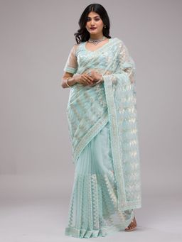 Koskii - Sky Blue Sequins Tissue Saree with Unstitched Blouse