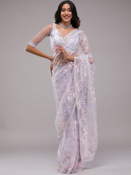 Koskii - Lavender Sequins Net Saree with Unstitched Blouse
