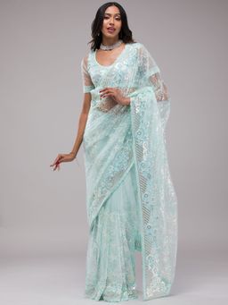 Koskii - Sky Blue Sequins Net Saree with Unstitched Blouse