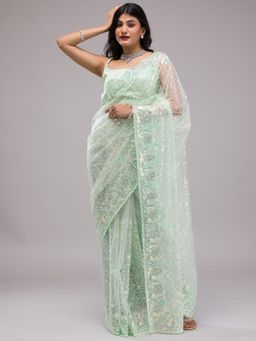 Koskii - Pista Green Sequins Net Saree with Unstitched Blouse