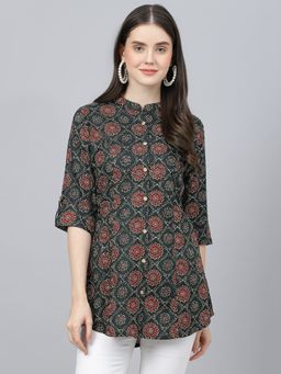 Divena - Black Abstract Printed Rayon A-line Shirts Style Top