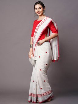 Odette - White Festive Linen Blend Embellished Saree with Unstitched Blouse