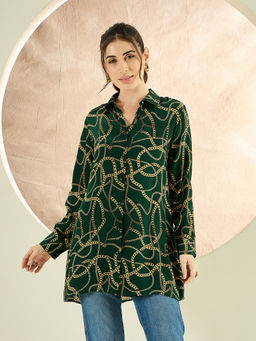 First Resort by Ramola Bachchan - Forest Green Chain Print Shirt