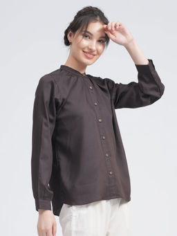 Saltpetre - Women Solid Linen Coffee Gather Neck Shirt