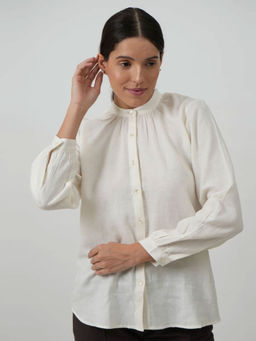 Saltpetre - Women Solid Linen White Gather Neck Shirt