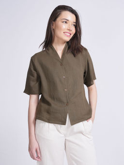 Saltpetre - Women Solid Olive Organic Cotton Wrap Collar Shirt