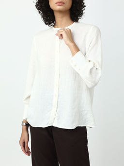 Saltpetre - Women Solid Linen White Round Neck Collar Relaxed Button Down Shirt