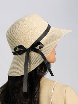 Twenty Dresses by Nykaa Fashion - Beige Thin Bow Detail Wide Brim Straw Hat
