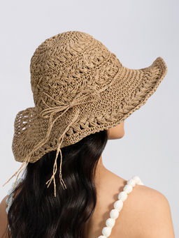 Twenty Dresses by Nykaa Fashion - Dark Beige Raffia Work Wide Brim Straw Hat with Bow Knot