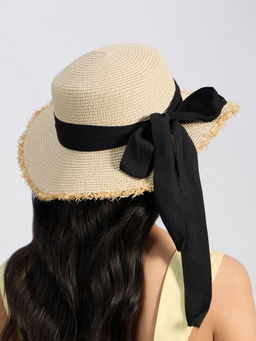 Twenty Dresses by Nykaa Fashion - Light Beige Frayed Hem Straw Hat with Black Bow