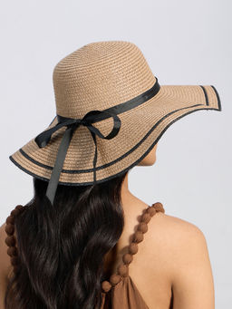 Twenty Dresses by Nykaa Fashion - Beige Wide Brim Straw Hat with Ribbon Bow Tie