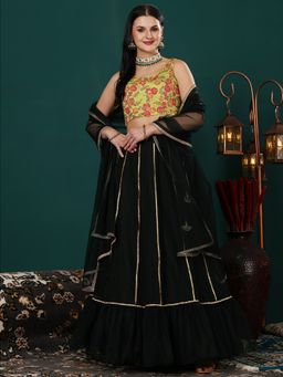Ethnovog - Black Art Silk Net Lehenga and Choli with Dupatta (Set of 3)