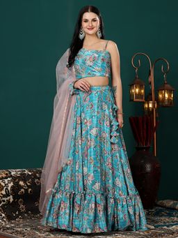 Ethnovog - Turquoise Digital Printed Chinon Lehenga and Choli with Dupatta (Set of 3)