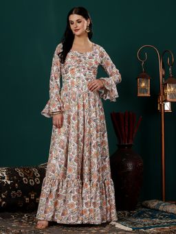 Ethnovog - White Satin Digital Printed Gown