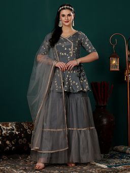 Ethnovog - Embroidered Grey Kurta Gharara and Dupatta (Set of 3)