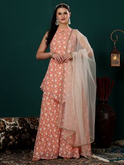 Ethnovog - Peach Embroidered Georgette Kurta Palazzo and Dupatta (Set of 3)
