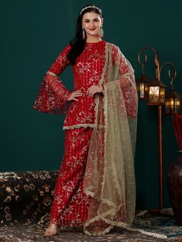 Ethnovog - Red Embroidered Kurta Sharara and Dupatta (Set of 3)