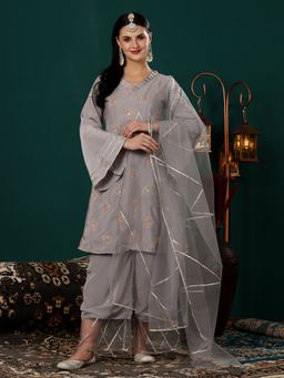 Ethnovog - Grey Art Silk Embroidered Kurta Palazzo and Dupatta (Set of 3)