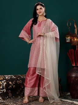 Ethnovog - Pink Embroidered Sequins Art Silk Kurta Palazzo and Dupatta (Set of 3)