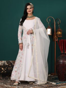 Ethnovog - White Embroidered Organza Georgette Kurta Pants and Dupatta (Set of 3)