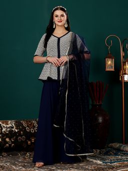 Ethnovog - Blue Art Silk Embellished Kurta Sharara and Dupatta (Set of 3)