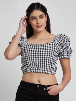 Spykar - Women Black Lycra Slim Fit Checks Crop Top