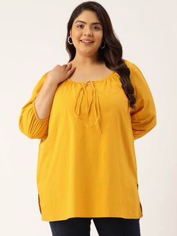 theRebelinme - Womens Mustard Solid Color Tie-up Neck Regular Top