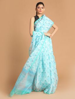 Indethnic - Blue Floral Super Net Saree with Unstitched Blouse