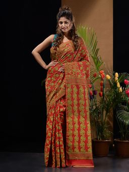 CHARUKRITI - Red & Green Handwoven Saree with Floral & Paisley Designs