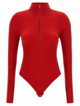 Perfect Moment - Red Textured Mock Collar Bodysuit