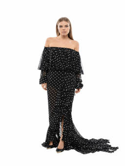 BALMAIN - Black Polka Dot Off Shoulder Maxi Dress (M)