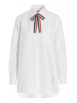 Thom Browne - White Logo Pussy Bow Blouse