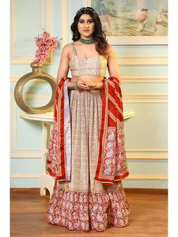 Jaipur Kurti - Red & Beige Semi-Stitched Choli with Lehenga & Dupatta (Set of 3)