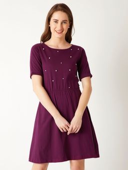 Miss Chase - Magenta Round Neck Half Sleeve Cotton Solid Back Cut-out Mini Skater Dress