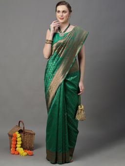 Akhilam - Womens Silk Blend Green Woven Design Saree with Unstitched Blouse