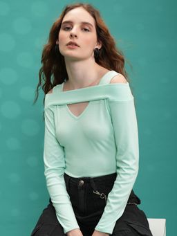 TOKYO TALKIES - Women Green Solid Cut-Out Full Sleeve Rib Top