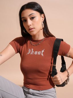 TOKYO TALKIES - Women Rust Raglan Short Sleeve Glitter Print Streetwear Crop Top