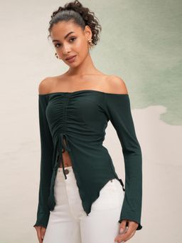 TOKYO TALKIES - Women Green Solid Off-Shoulder Ruched Rib Top