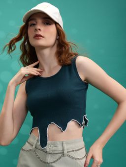 TOKYO TALKIES - Women Dark Green Y2K Asymmetrical Hem Contrast Rib Crop Top